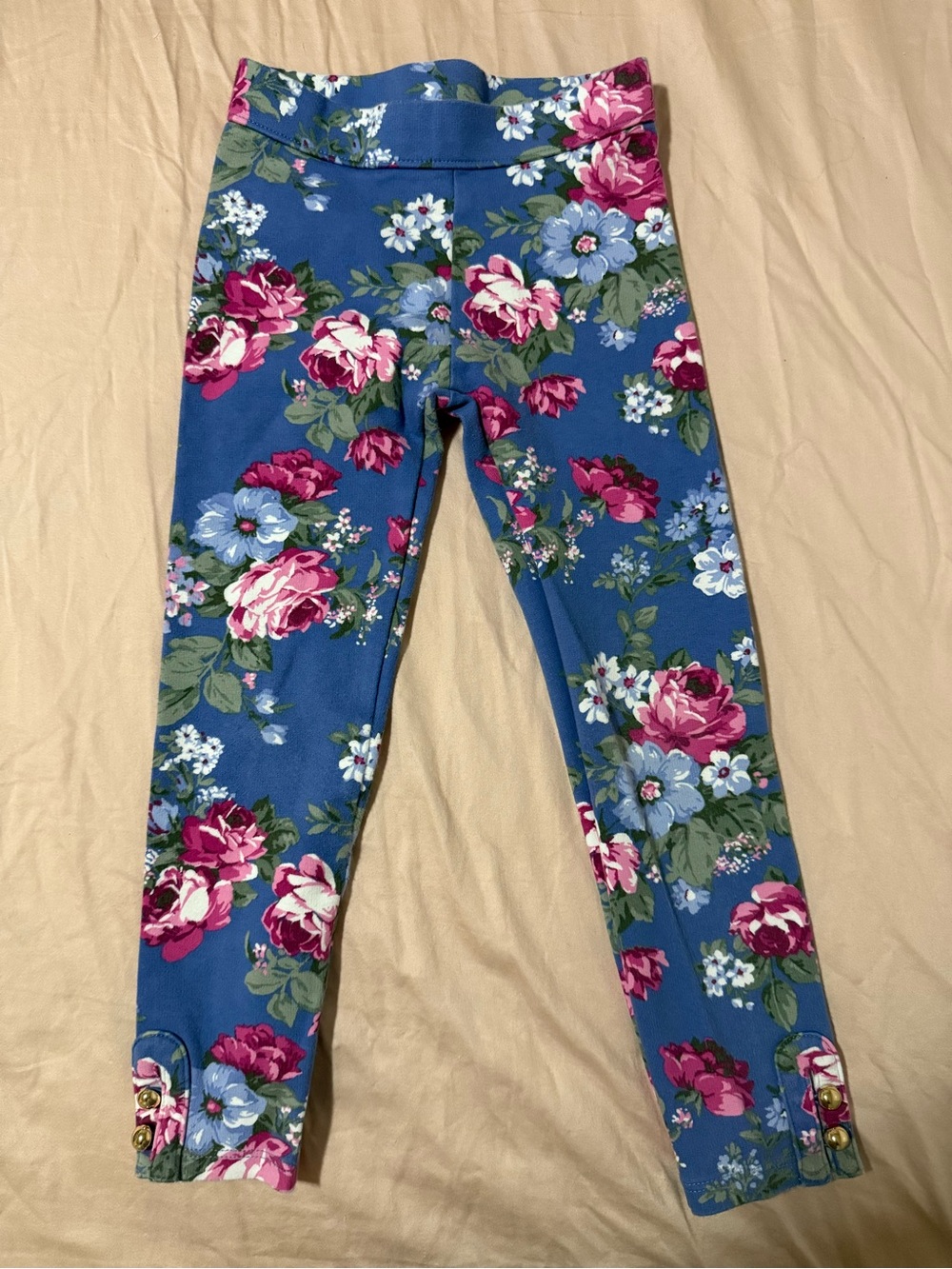 Janie and Jack Blue Floral Girls' Ponte Leggings with Pink Rose Print